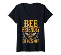 Women's Bee Friendly Or Buzz Off Save The Bees Beekeeper Flower V-Neck T-Shirt