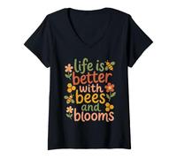 Women's Bee Life is Better with Bees and Blooms Cozy Retro Humor V-Neck T-Shirt