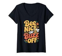 Women's Bee Nice Or Buzz Off Funny Beekeeper Saying Honey Bees V-Neck T-Shirt