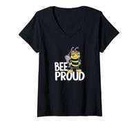 Womens Bee Proud LGBTQ Rainbow Sunglasses, Cute Pride Bee on Dark V-Neck T-Shirt