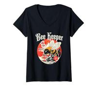 Womens Beekeeper Design - Y2K Honeybee with Japanese Vibe V-Neck T-Shirt