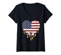 Womens Beekeeping Heart American Flag Patriotic Beekeeper Honeybee V-Neck T-Shirt