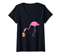 Womens Beer Drinking Drunk Pink Flamingo Funny Bird V-Neck T-Shirt