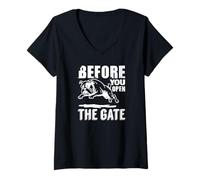 Women's Before You Open The Gate Bulldog Warning Funny V-Neck T-Shirt