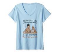 Womens Behind Every Girl WFH is A Cat Knowing Secrets V-Neck T-Shirt