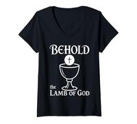 Women's Behold The Lamb of God Catholic Eucharist Chalice V-Neck T-Shirt