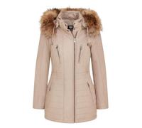 Women's Beige Leather Parka Jacket Quilted Detachable Hooded Trench Coat