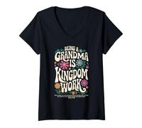 Women's Being A Grandma is Kingdom Work Boho Floral Mother's Day V-Neck T-Shirt
