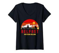 Womens Belfast Northern Ireland Skyline on a retro sunset. V-Neck T-Shirt