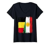 Womens Belgium Kurdistan Half Flag Belgian Kurdish Jersey V-Neck T-Shirt