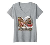 Women's Believe Christmas Train Santa Snowy Holiday Village V-Neck T-Shirt
