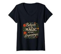 Womens Believe in the Magic of New Beginnings Inspirational Design V-Neck T-Shirt