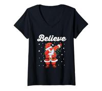 Womens Believe Santa Dabbing Stars Around Cute Xmas Holiday Costume V-Neck T-Shirt