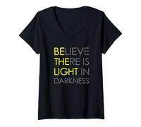 Womens Believe There is Light in Darkness Strength Jesus Cross Lion V-Neck T-Shirt