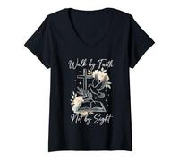 Women's Believer Walk By Faith Not By Sight Bible Verse V-Neck T-Shirt