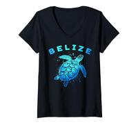Women's Belize Blue Sea Turtle Artistic Watercolor Splatter V-Neck T-Shirt
