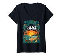 Women's Belize Central America Tropical Sunset Beach & Mayan Temple V-Neck T-Shirt