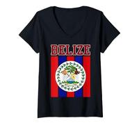 Women's Belize National Seal Red and Blue Vertical Flag Stripes V-Neck T-Shirt