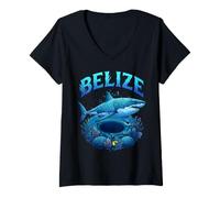 Women's Belize Tropical Shark with Mayan Symbols and Great Blue Hole V-Neck T-Shirt