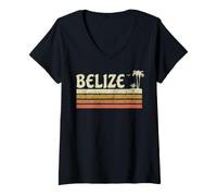 Women's Belize Vintage Retro Beach Palm Trees and Sunset V-Neck T-Shirt