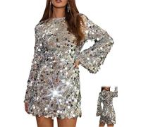 Womens Bell Sleeve Sequin Mini Dress, Sparkly Glitter Bell Sleeve Elegant Sexy Cocktail Party Mini Dresses (Silver,M)