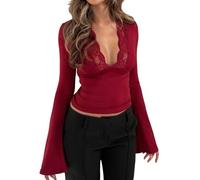 Women's Bell Sleeve Tops Deep V Neck Lace Long Sleeve Crop Top Slim Fitted Tee Shirts Fall Going Out Blouse (A-Red, L)