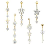 Women's Belly Button Piercing Gold Set of 6 Surgical Steel with Zirconia Pendant, Heart Flower Navel Piercing, Hanging Belly Button Jewellery for Festival Summer Y2K Style Belly Piercing