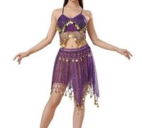 Women's Belly Dance Costume Set - Sequin Halter Bra Top, Asymmetric Tassel Skirt, 2-Piece Performance Outfit for Stage Show, Party, Dance Practice