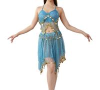 Women's Belly Dance Costume Set - Sequin Halter Bra Top, Asymmetric Tassel Skirt, 2-Piece Performance Outfit for Stage Show, Party, Dance Practice