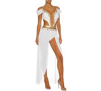 Women's Belly Dance Dress Sequin Tassel V-Neck Cutout Chiffon Hem Bodysuit India Costume