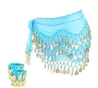 Women's Belly Dance Hip Scarves Wave Wrap Skirts with 128 Gold Coins Chiffon Belly Dance Coin Belt with Bracelets, Turquoise, One Size
