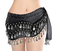 Women's Belly Dance Hip Scarves Wave Wrap Skirts with 128 Silver Coins Chiffon Belly Dance Coin Belt, Black With Silver Coins, One Size