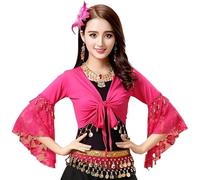 Women's Belly Dance Top, Glitter Bead Tassel 3/4 Flared Sleeves Shawl Crop Tops for Tribal Belly Dance, Lace Floral Long Sleeve Wrap Top for Dancewear, Self-tie Tassels Blouse for Festival Clubbing