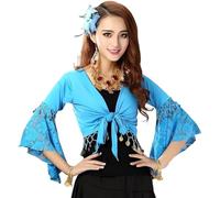 Women's Belly Dance Top, Glitter Bead Tassel 3/4 Flared Sleeves Shawl Crop Tops for Tribal Belly Dance, Lace Floral Long Sleeve Wrap Top for Dancewear, Self-tie Tassels Blouse for Festival Clubbing
