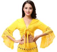 Women's Belly Dance Top, Glitter Bead Tassel 3/4 Flared Sleeves Shawl Crop Tops for Tribal Belly Dance, Lace Floral Long Sleeve Wrap Top for Dancewear, Self-tie Tassels Blouse for Festival Clubbing