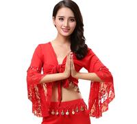 Women's Belly Dance Top, Glitter Bead Tassel 3/4 Flared Sleeves Shawl Crop Tops for Tribal Belly Dance, Lace Floral Long Sleeve Wrap Top for Dancewear, Self-tie Tassels Blouse for Festival Clubbing