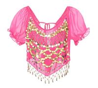 Women's Belly Dance Top, Puff Sleeve Chiffon Sequin Dance Crop Top Shirts, Glitter Coins Tassels Blouse for Festival Clubbing Wear, Self-tie Back Tribal Crop Top for Belly Dance Performance Outfit