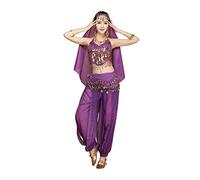 Womens Belly Dancer 4-Piece Costume Set Outfit with top Pants Head Veil Hip Scarf for Arabian Egyptian Dancing (Purple)