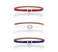 Women's Belt Dress Genuine Leather Skinny Patent Leather Belts Gold Rectangle Shiny Rhinestone Buckle Waistband, 3-pack, Red, White & Dark-blue, For Waist 28"- 34", Women Size S-M, 4-6