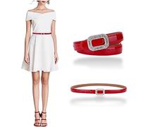 Women's Belt Dress Genuine Leather Skinny Patent Leather Belts Gold Rectangle Shiny Rhinestone Buckle Waistband, Red, For Waist 30"- 36", Women Size M-L, 6-8