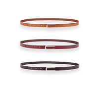Women's Belt Fashion Skinny Slim Soft Genuine Leather Belts Waistband Thin Waist Belt Silver Chrome Color Alloy Buckle, 3-pack, Burgundy, Dark-brown & Orange-brown, For Waist 28"- 34", Women Size S-M,