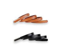Women's Belt Fashion Skinny Slim Soft Genuine Leather Belts Waistband Thin Waist Belt Silver Chrome Color Alloy Buckle, 2-pack, Black & Orange-brown, For Waist 28"- 34", Women Size S-M, 4-6