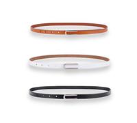 Women's Belt Fashion Skinny Slim Soft Genuine Leather Belts Waistband Thin Waist Belt Silver Chrome Color Alloy Buckle, 3-pack, Black, White & Orange-brown, For Waist 30"- 36", Women Size M-L, 6-8