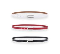 Women's Belt Fashion Skinny Slim Soft Genuine Leather Belts Waistband Thin Waist Belt Silver Chrome Color Alloy Buckle, 3-pack, Black, White & Red, For Waist 28"- 34", Women Size S-M, 4-6