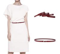 Women's Belt Fashion Skinny Slim Soft Genuine Leather Belts Waistband Thin Waist Belt Silver Chrome Color Alloy Buckle, Burgundy, For Waist 28"- 34", Women Size S-M, 4-6