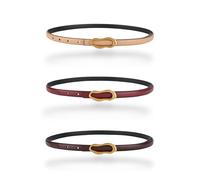 Women's Belt Slim Skinny Genuine Leather Belt For Dress Pants, Gold Bronze Oval Organic Shape Buckle Soft Waistband, 3-pack, Nude, Burgundy & Dark-brown, For Waist 28"- 34", Women Size S-M, 4-6