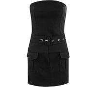 Womens Belted Skort Playsuit, Ladies Casual Soft & Stretchy Round Neck Sleeveless Cargo Pocketed Bandeau Tie Waist Wrap Skirt Romper Jumper UK Plus Size Black-L