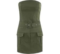 Womens Belted Skort Playsuit, Ladies Casual Soft & Stretchy Round Neck Sleeveless Cargo Pocketed Bandeau Tie Waist Wrap Skirt Romper Jumper UK Plus Size Khaki-M