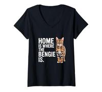 Womens Bengal Cat Lover & Owner Funny Home is Where The Bengie is V-Neck T-Shirt