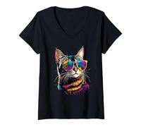 Womens Bengal Cat with Sunglasses Leopardette Cute Wild Bengal Cats V-Neck T-Shirt
